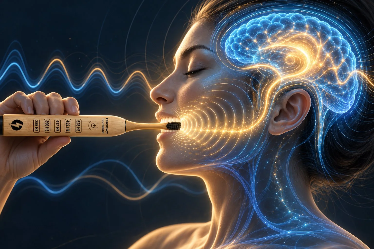 A woman brushing with the Frequency Toothbrush, glowing waves travelling from the brush through her jaw