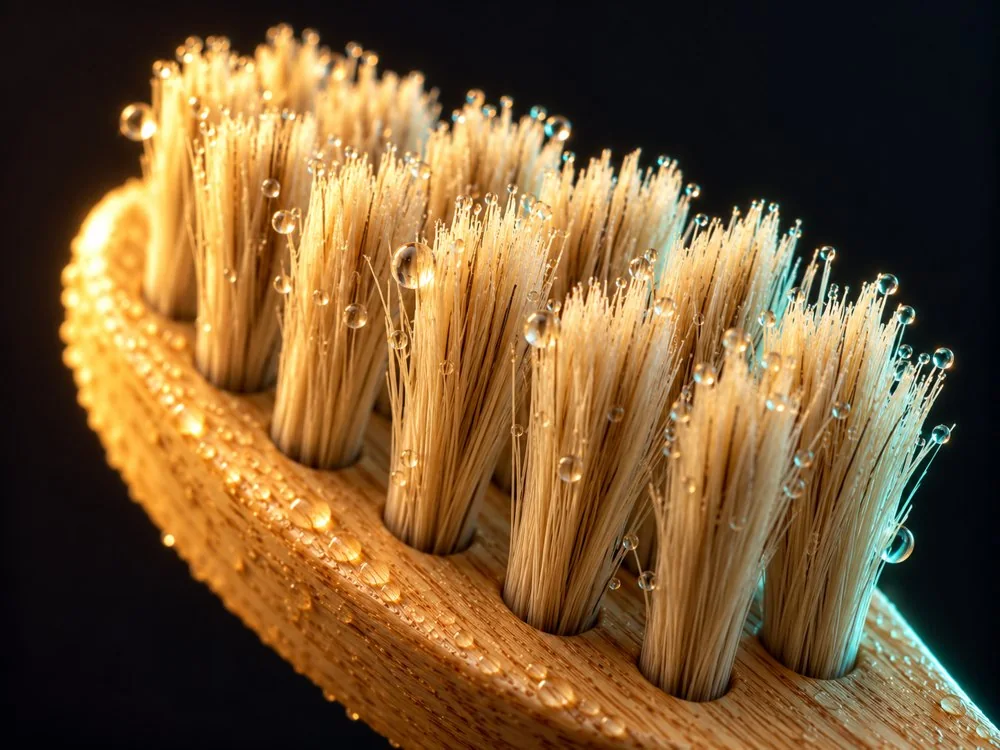 Macro close-up of natural tan boar bristles on a bamboo brush head, with water droplets