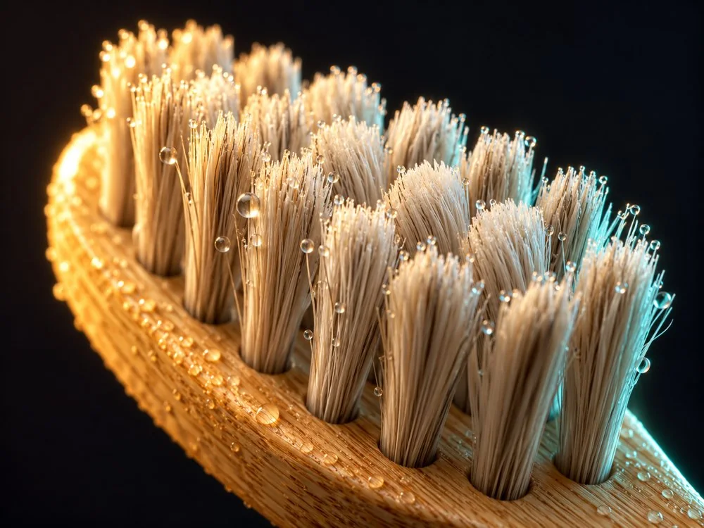 Macro close-up of soft off-white horse-hair bristles on a bamboo brush head, with water droplets