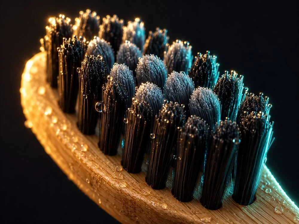 Macro close-up of black nylon bristles on a bamboo brush head, with water droplets