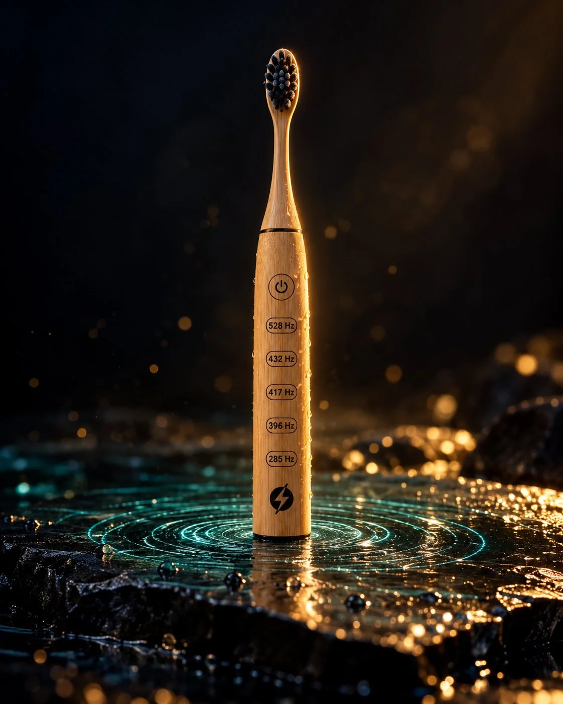The Frequency Toothbrush standing upright on wet dark stone, with glowing ripples spreading around its base