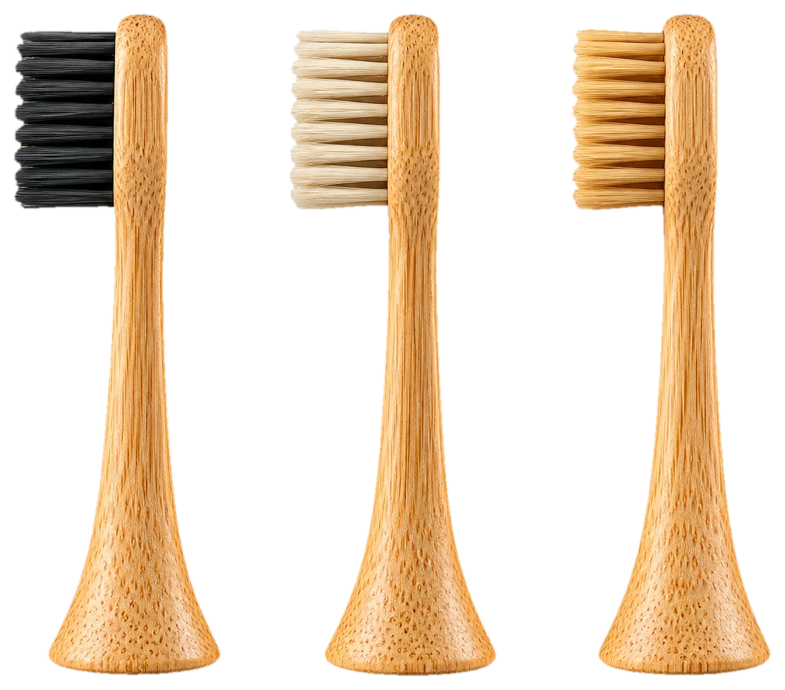 Three bamboo brush heads: black nylon, white horse hair and tan boar bristle