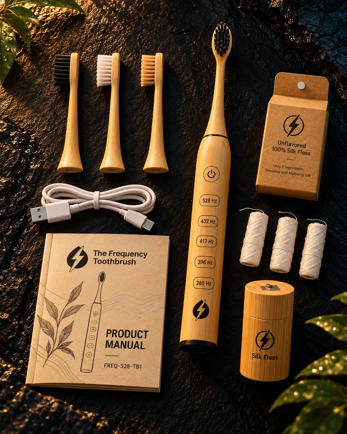 Everything in the box laid out on dark stone: the Frequency Toothbrush, three brush heads, a USB-C cable, the user manual and the silk floss with its bamboo dispenser
