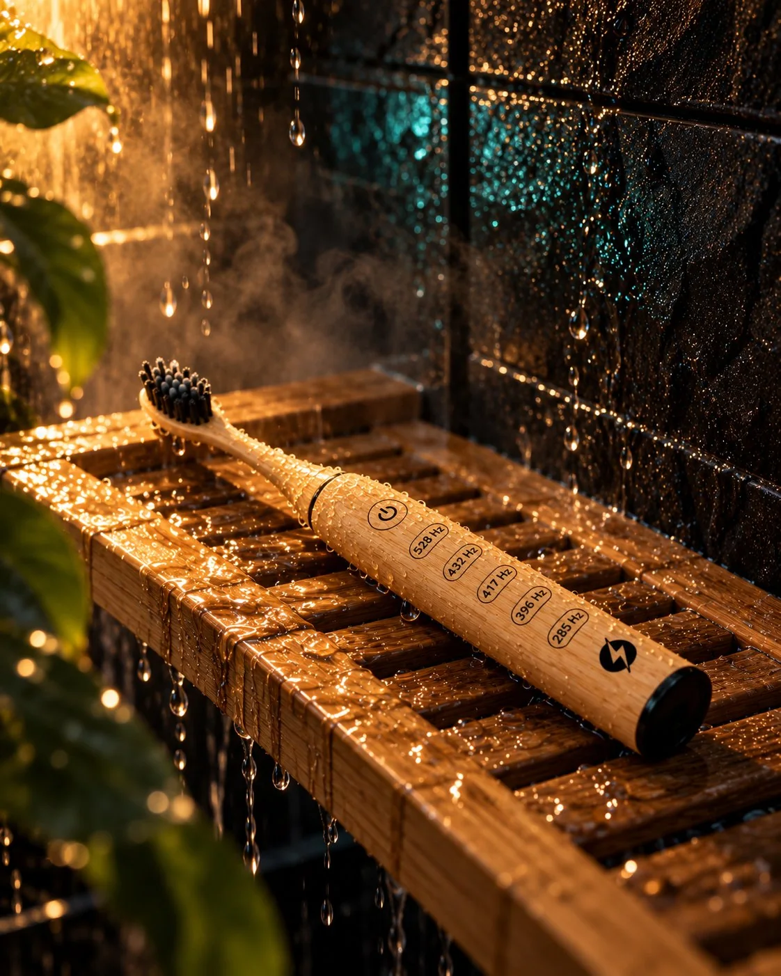 The Frequency Toothbrush resting on a wet bamboo shelf in a steamy shower, covered in water droplets