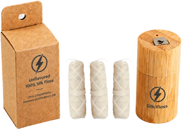 Mulberry silk floss: kraft box, three refill spools and a bamboo dispenser